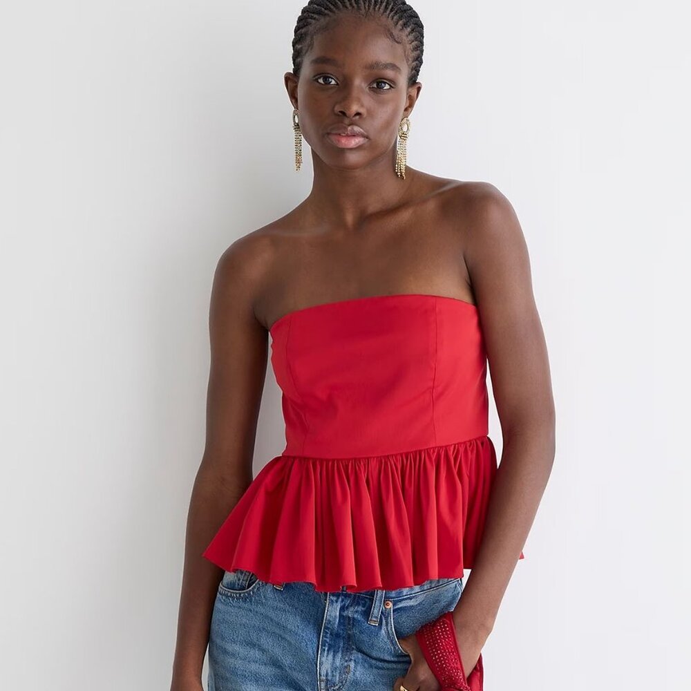 J. Crew Strapless Taffeta Peplum Top in Red